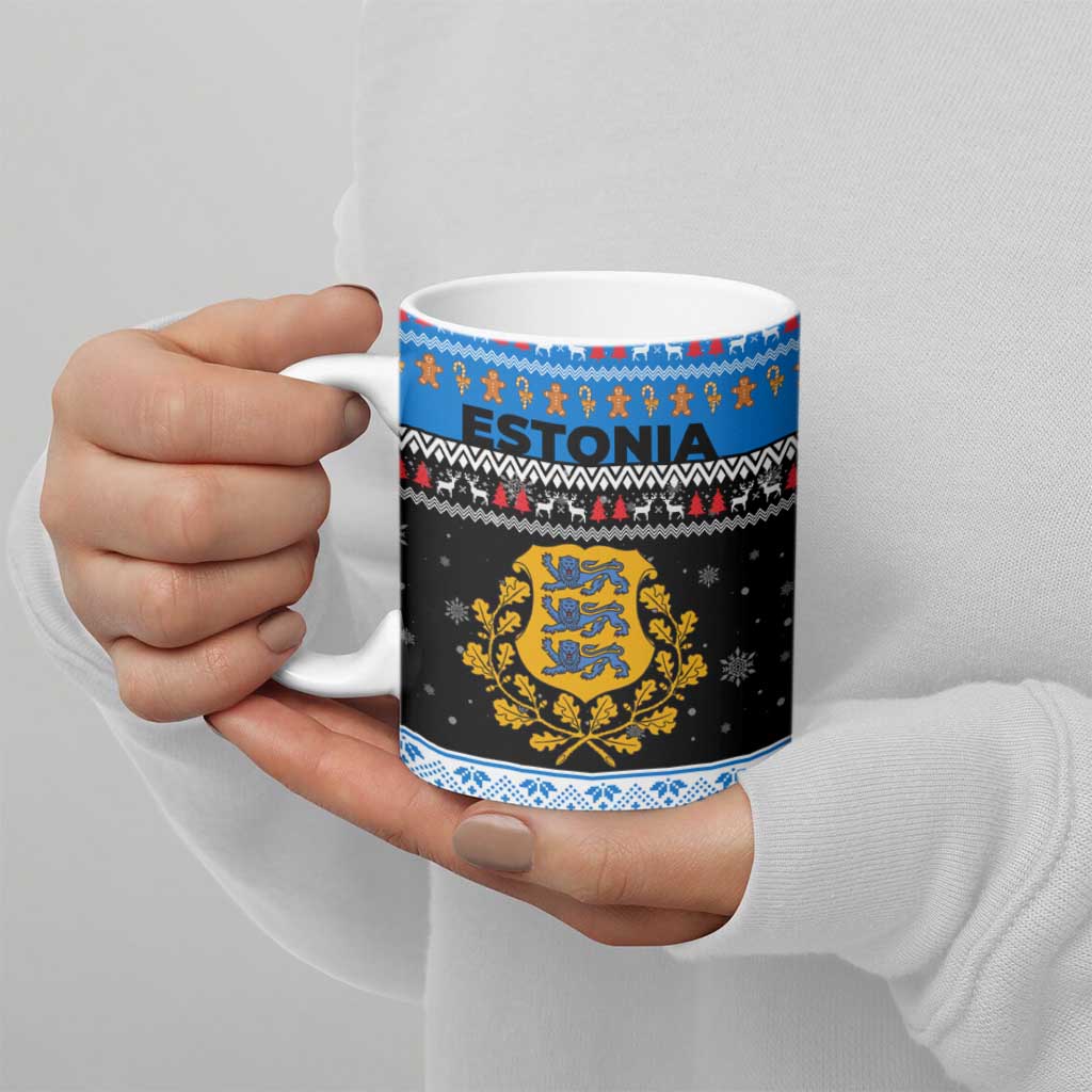 Estonia Christmas Ceramic Mug with Reindeer Gingerbread Snowflakes National Emblem and Winter Forest - Wonder Print Shop