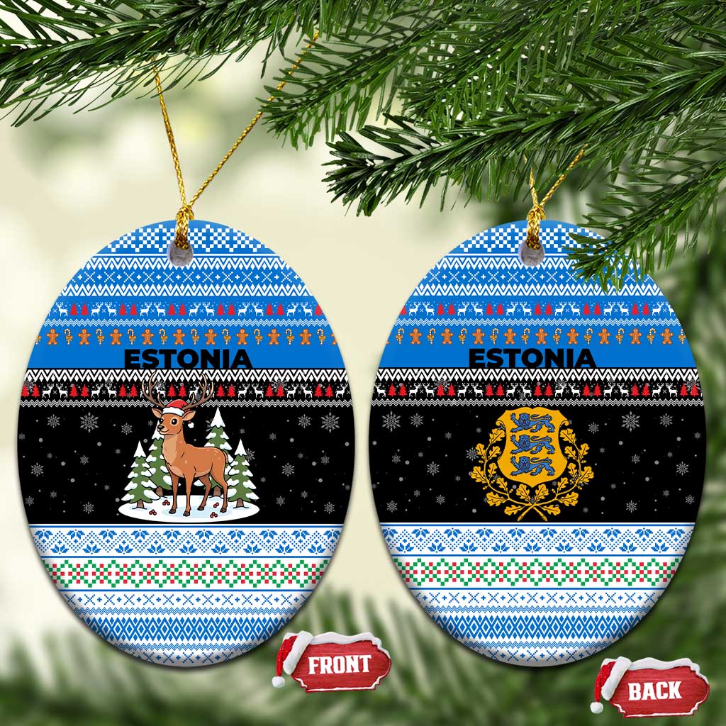 Estonia Christmas Ceramic Ornament with Reindeer Gingerbread Snowflakes National Emblem and Winter Forest - Wonder Print Shop