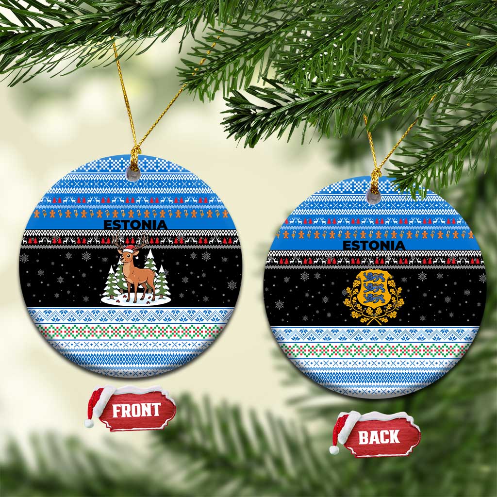 Estonia Christmas Ceramic Ornament with Reindeer Gingerbread Snowflakes National Emblem and Winter Forest - Wonder Print Shop