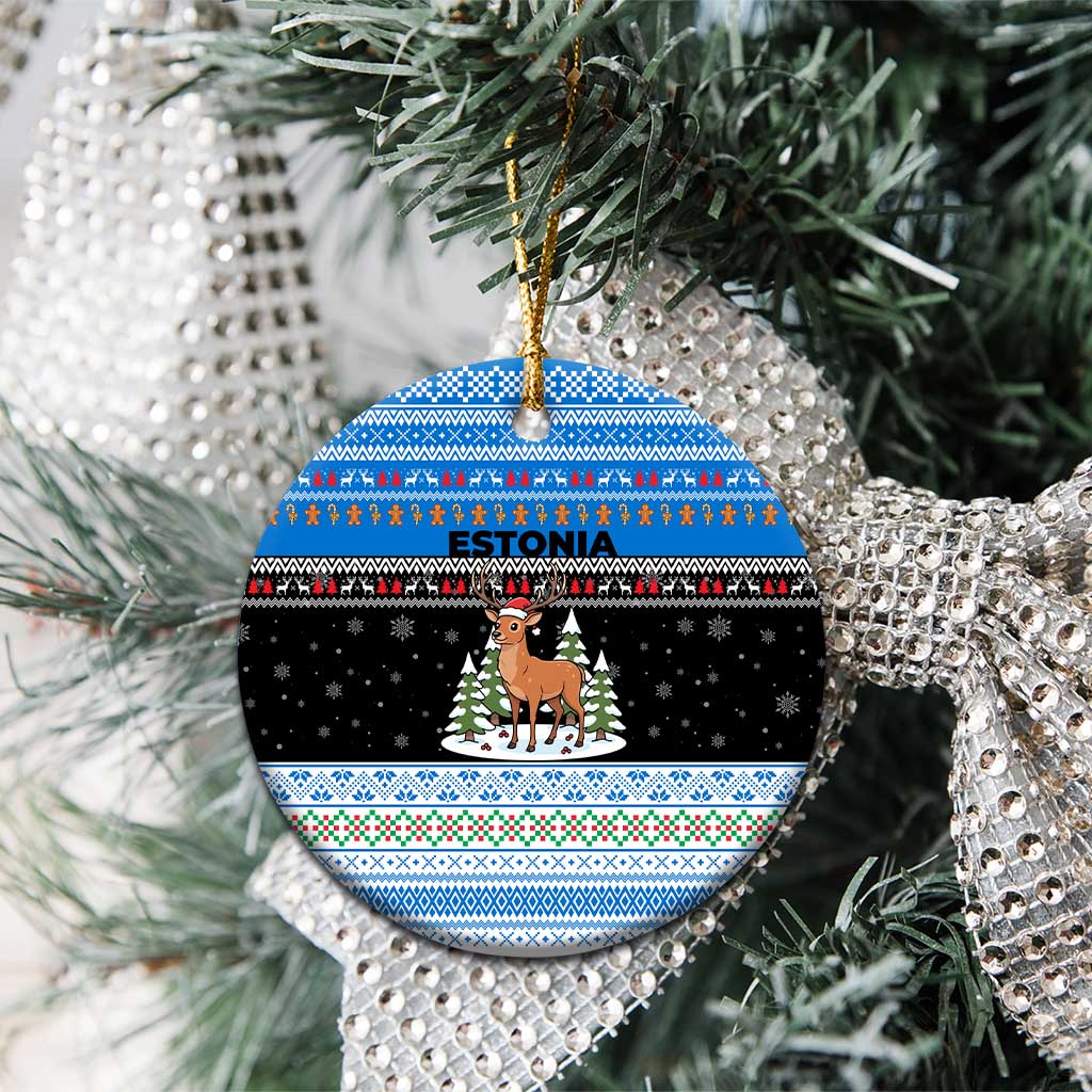 Estonia Christmas Ceramic Ornament with Reindeer Gingerbread Snowflakes National Emblem and Winter Forest - Wonder Print Shop