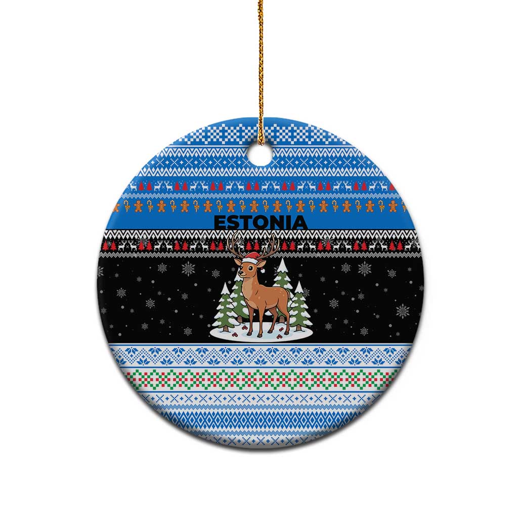 Estonia Christmas Ceramic Ornament with Reindeer Gingerbread Snowflakes National Emblem and Winter Forest - Wonder Print Shop