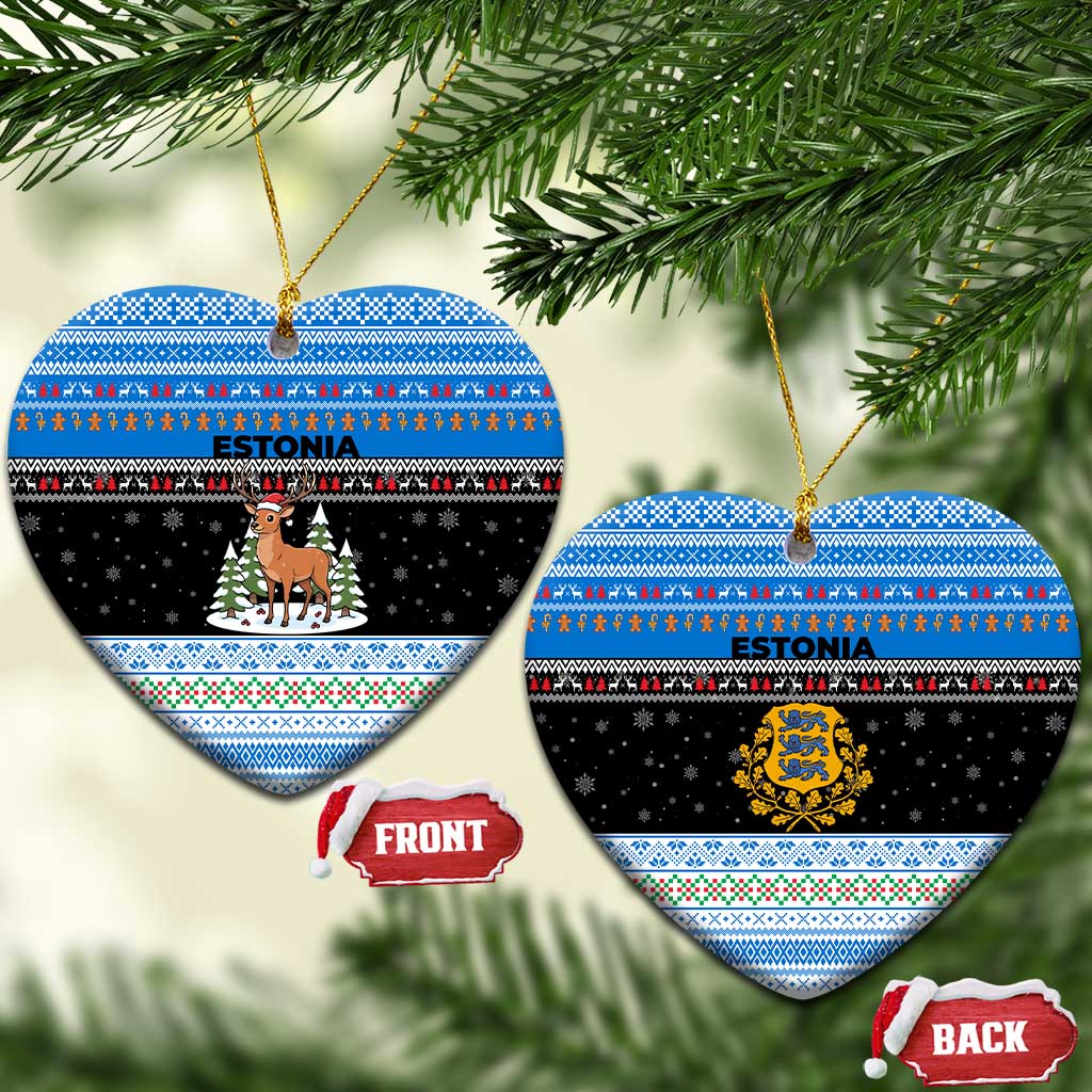 Estonia Christmas Ceramic Ornament with Reindeer Gingerbread Snowflakes National Emblem and Winter Forest - Wonder Print Shop