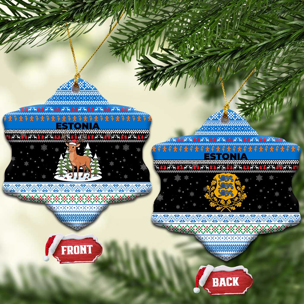 Estonia Christmas Ceramic Ornament with Reindeer Gingerbread Snowflakes National Emblem and Winter Forest - Wonder Print Shop