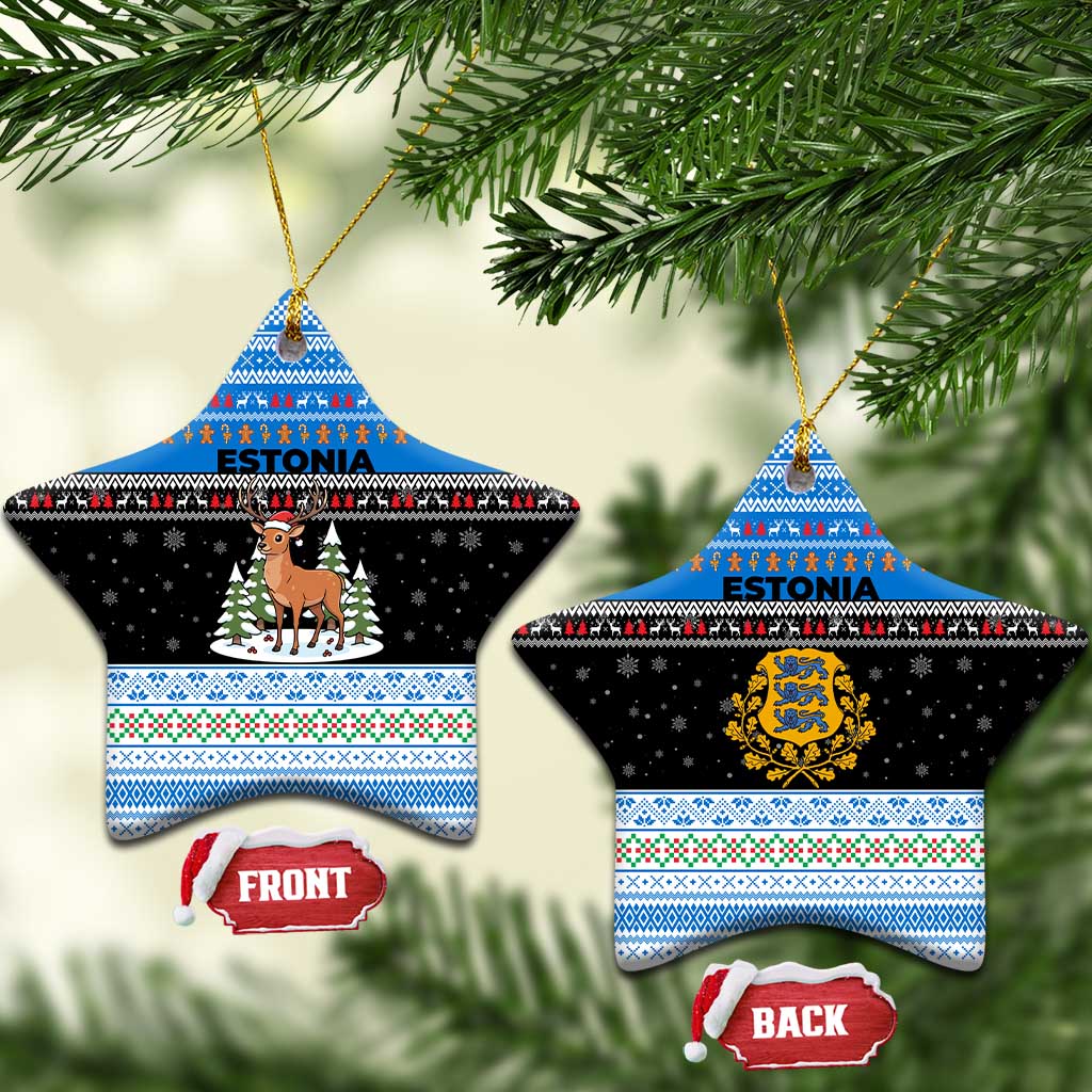 Estonia Christmas Ceramic Ornament with Reindeer Gingerbread Snowflakes National Emblem and Winter Forest - Wonder Print Shop