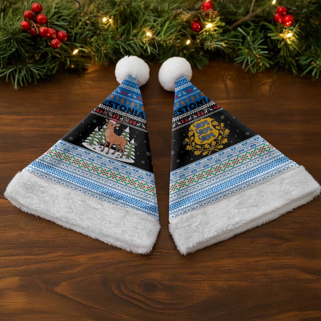 Estonia Christmas Santa Hat with Reindeer Gingerbread Snowflakes National Emblem and Winter Forest - Wonder Print Shop