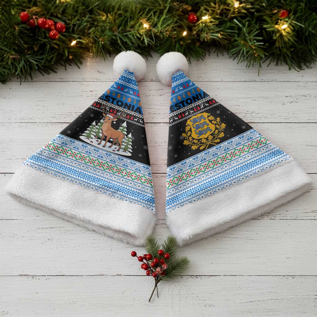 Estonia Christmas Santa Hat with Reindeer Gingerbread Snowflakes National Emblem and Winter Forest - Wonder Print Shop