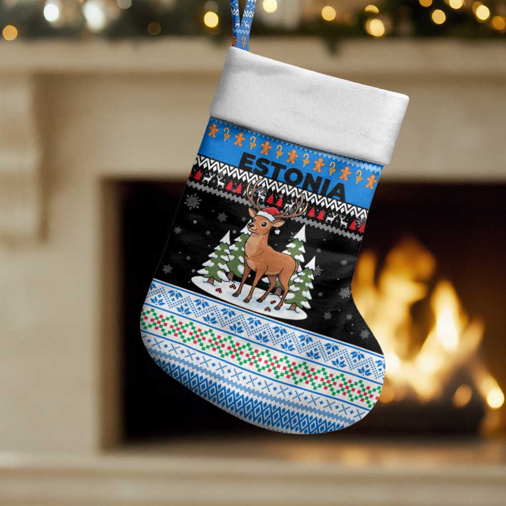 Estonia Christmas Stocking with Reindeer Gingerbread Snowflakes National Emblem and Winter Forest - Wonder Print Shop
