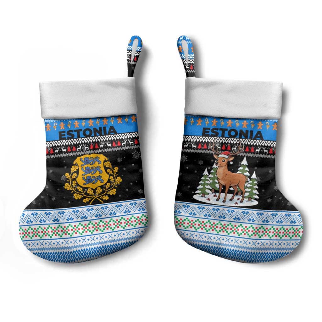 Estonia Christmas Stocking with Reindeer Gingerbread Snowflakes National Emblem and Winter Forest - Wonder Print Shop