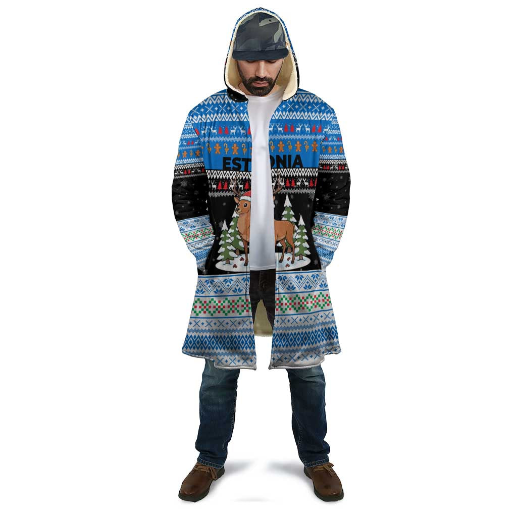 Estonia Christmas Cloak with Reindeer Gingerbread Snowflakes National Emblem and Winter Forest - Wonder Print Shop