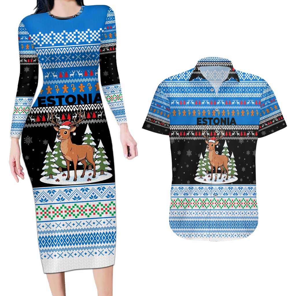 Estonia Christmas Couples Matching Long Sleeve Bodycon Dress and Hawaiian Shirt with Reindeer Gingerbread Snowflakes National Emblem and Winter Forest - Wonder Print Shop