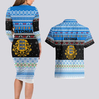 Estonia Christmas Couples Matching Long Sleeve Bodycon Dress and Hawaiian Shirt with Reindeer Gingerbread Snowflakes National Emblem and Winter Forest - Wonder Print Shop