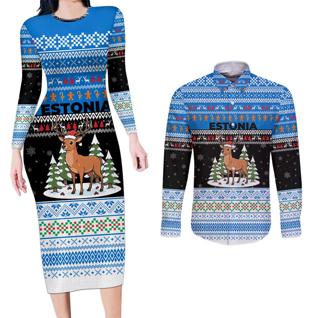 Estonia Christmas Couples Matching Long Sleeve Bodycon Dress and Long Sleeve Button Shirt with Reindeer Gingerbread Snowflakes National Emblem and Winter Forest - Wonder Print Shop