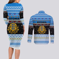 Estonia Christmas Couples Matching Long Sleeve Bodycon Dress and Long Sleeve Button Shirt with Reindeer Gingerbread Snowflakes National Emblem and Winter Forest - Wonder Print Shop