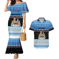 Estonia Christmas Couples Matching Mermaid Dress and Hawaiian Shirt with Reindeer Gingerbread Snowflakes National Emblem and Winter Forest - Wonder Print Shop