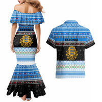 Estonia Christmas Couples Matching Mermaid Dress and Hawaiian Shirt with Reindeer Gingerbread Snowflakes National Emblem and Winter Forest - Wonder Print Shop