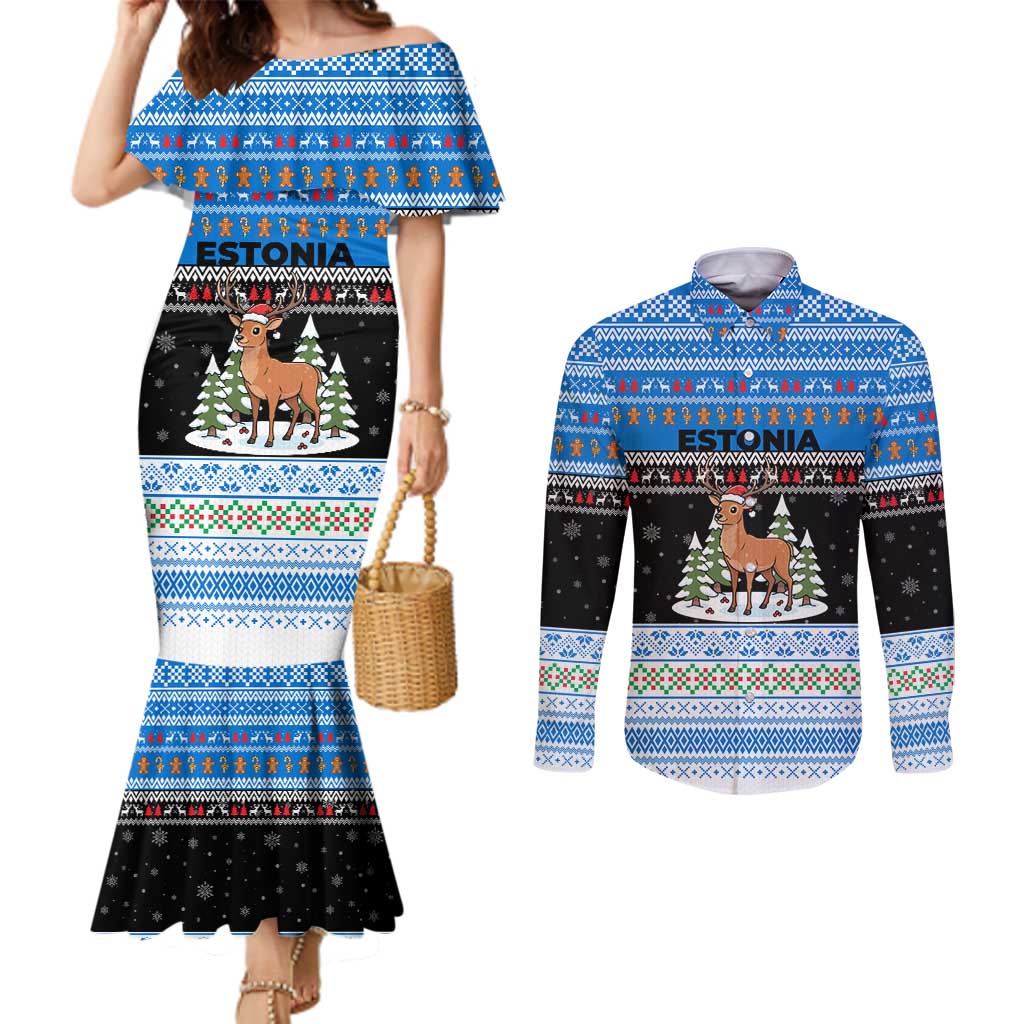 Estonia Christmas Couples Matching Mermaid Dress and Long Sleeve Button Shirt with Reindeer Gingerbread Snowflakes National Emblem and Winter Forest - Wonder Print Shop