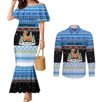 Estonia Christmas Couples Matching Mermaid Dress and Long Sleeve Button Shirt with Reindeer Gingerbread Snowflakes National Emblem and Winter Forest - Wonder Print Shop