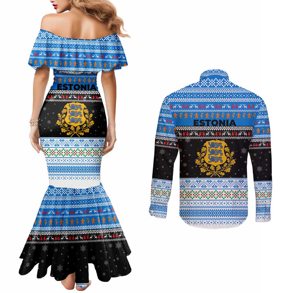 Estonia Christmas Couples Matching Mermaid Dress and Long Sleeve Button Shirt with Reindeer Gingerbread Snowflakes National Emblem and Winter Forest - Wonder Print Shop