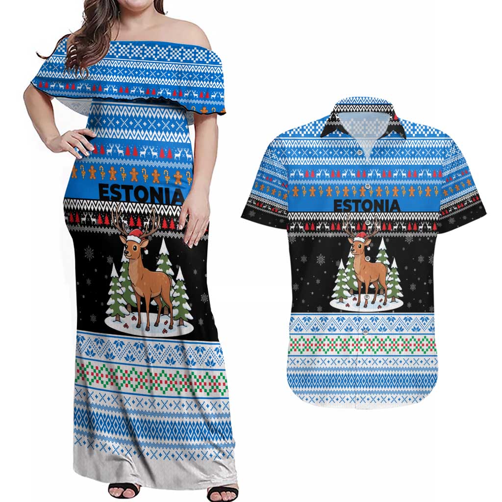 Estonia Christmas Couples Matching Off Shoulder Maxi Dress and Hawaiian Shirt with Reindeer Gingerbread Snowflakes National Emblem and Winter Forest - Wonder Print Shop
