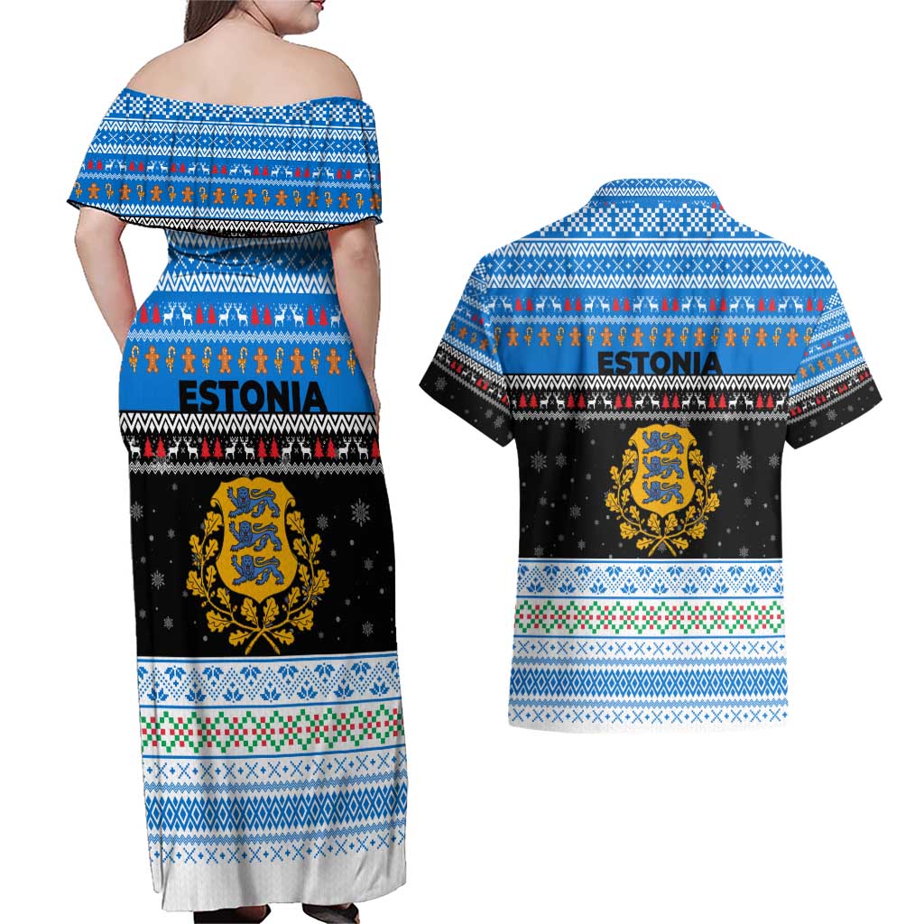 Estonia Christmas Couples Matching Off Shoulder Maxi Dress and Hawaiian Shirt with Reindeer Gingerbread Snowflakes National Emblem and Winter Forest - Wonder Print Shop