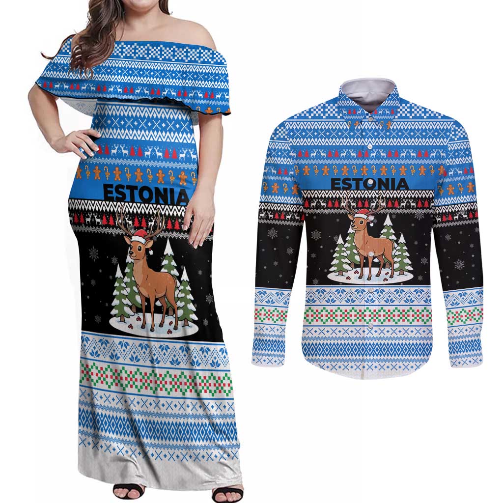 Estonia Christmas Couples Matching Off Shoulder Maxi Dress and Long Sleeve Button Shirt with Reindeer Gingerbread Snowflakes National Emblem and Winter Forest - Wonder Print Shop