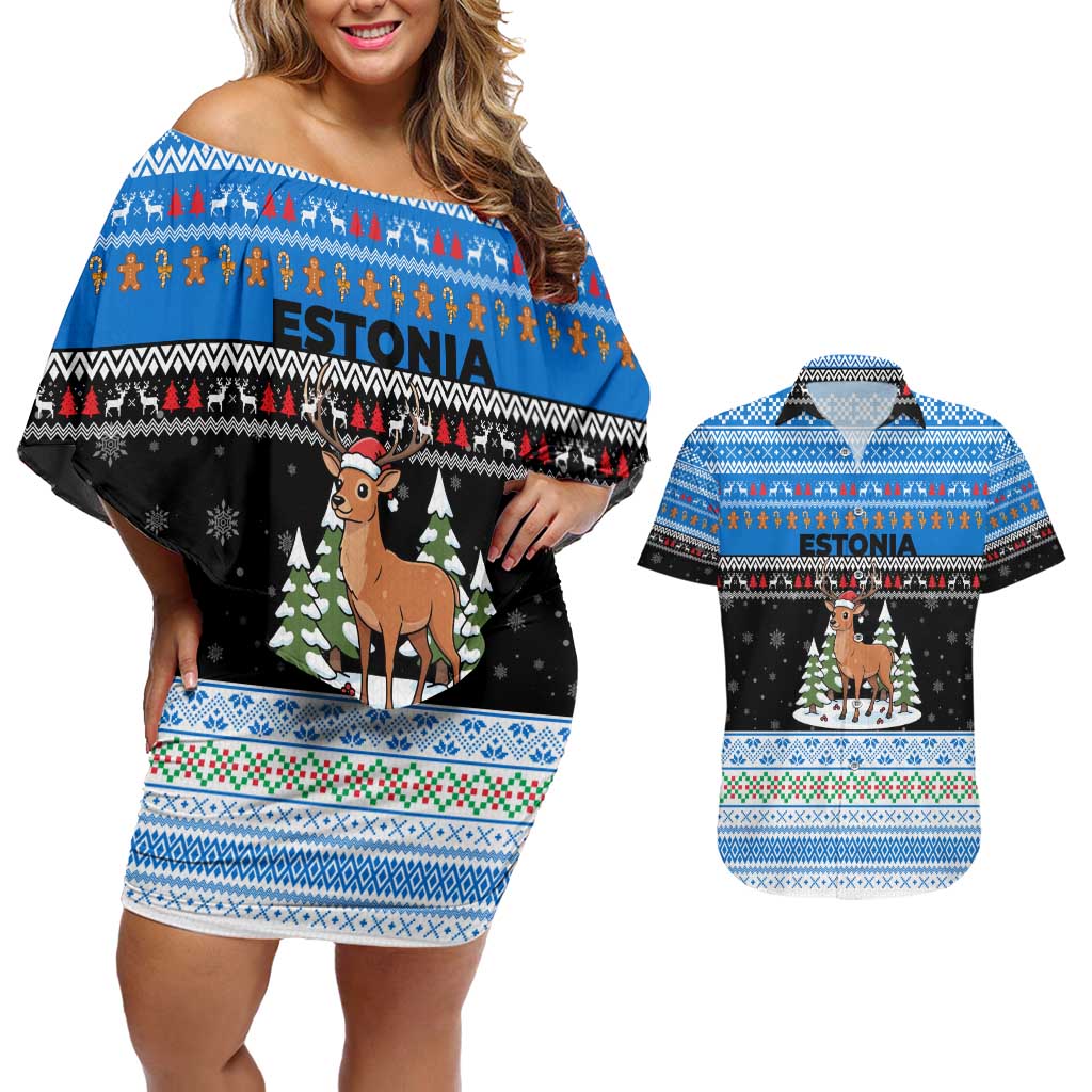 Estonia Christmas Couples Matching Off Shoulder Short Dress and Hawaiian Shirt with Reindeer Gingerbread Snowflakes National Emblem and Winter Forest - Wonder Print Shop
