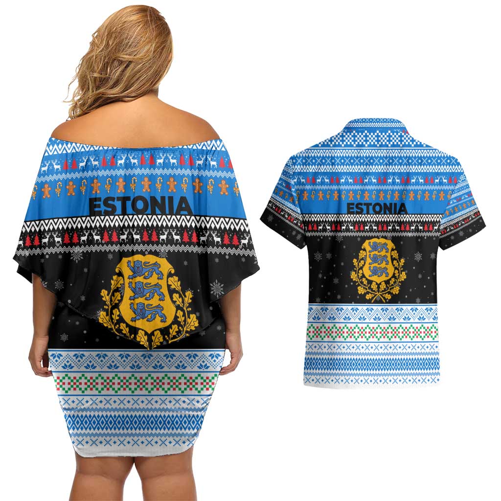 Estonia Christmas Couples Matching Off Shoulder Short Dress and Hawaiian Shirt with Reindeer Gingerbread Snowflakes National Emblem and Winter Forest - Wonder Print Shop