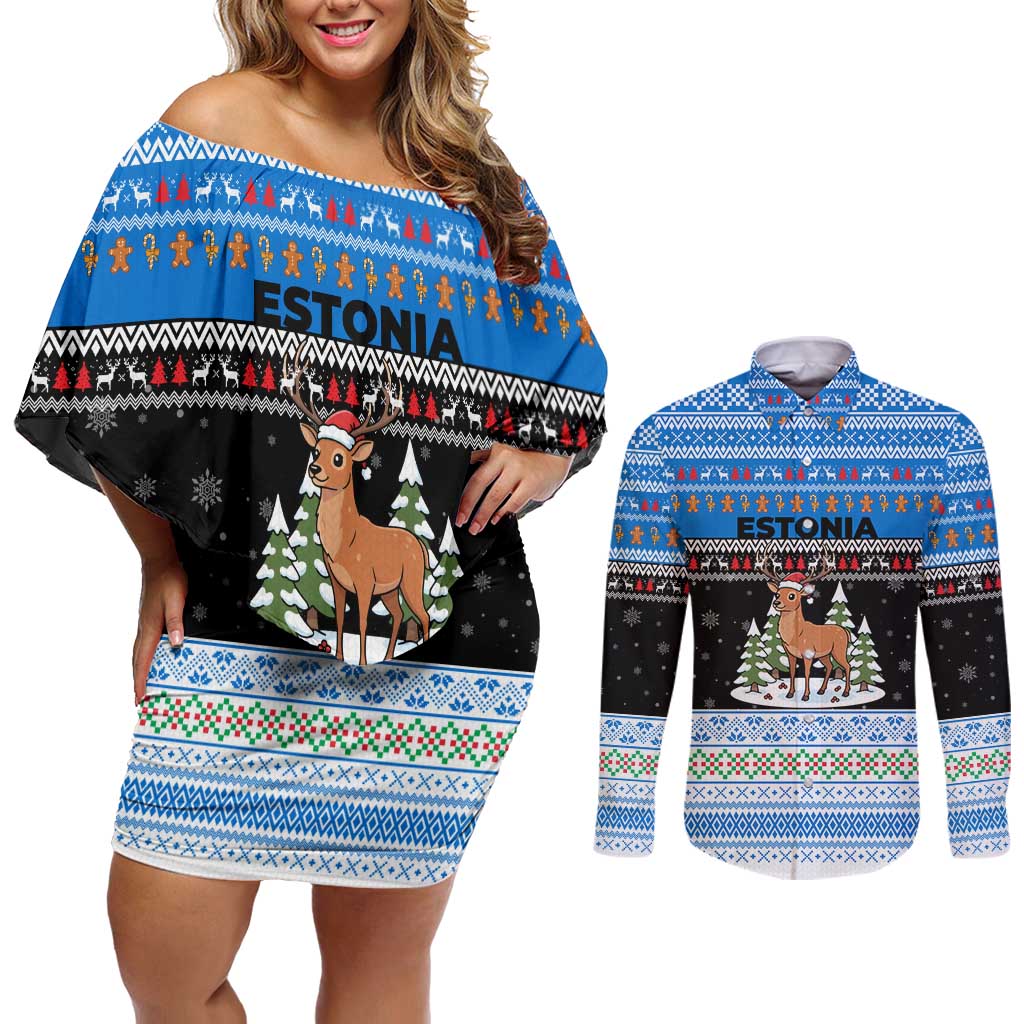 Estonia Christmas Couples Matching Off Shoulder Short Dress and Long Sleeve Button Shirt with Reindeer Gingerbread Snowflakes National Emblem and Winter Forest - Wonder Print Shop
