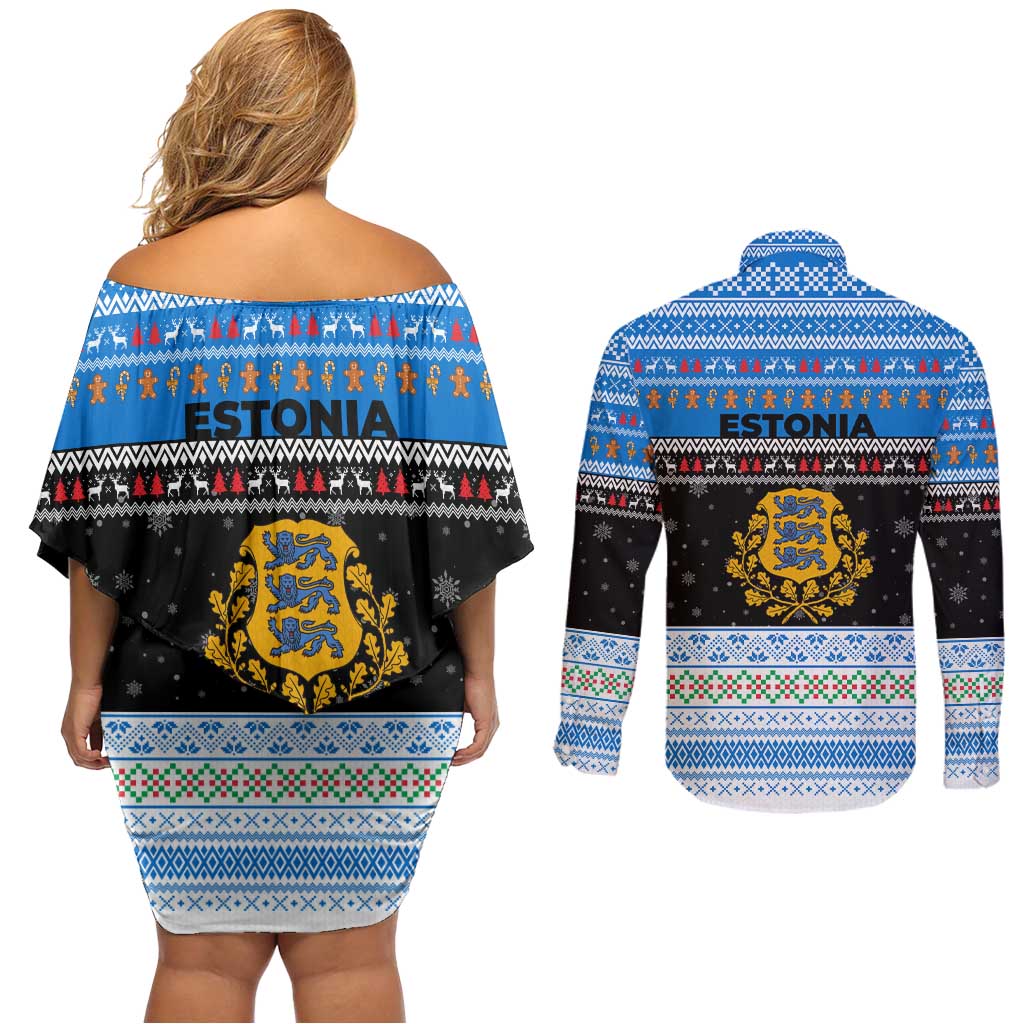 Estonia Christmas Couples Matching Off Shoulder Short Dress and Long Sleeve Button Shirt with Reindeer Gingerbread Snowflakes National Emblem and Winter Forest - Wonder Print Shop