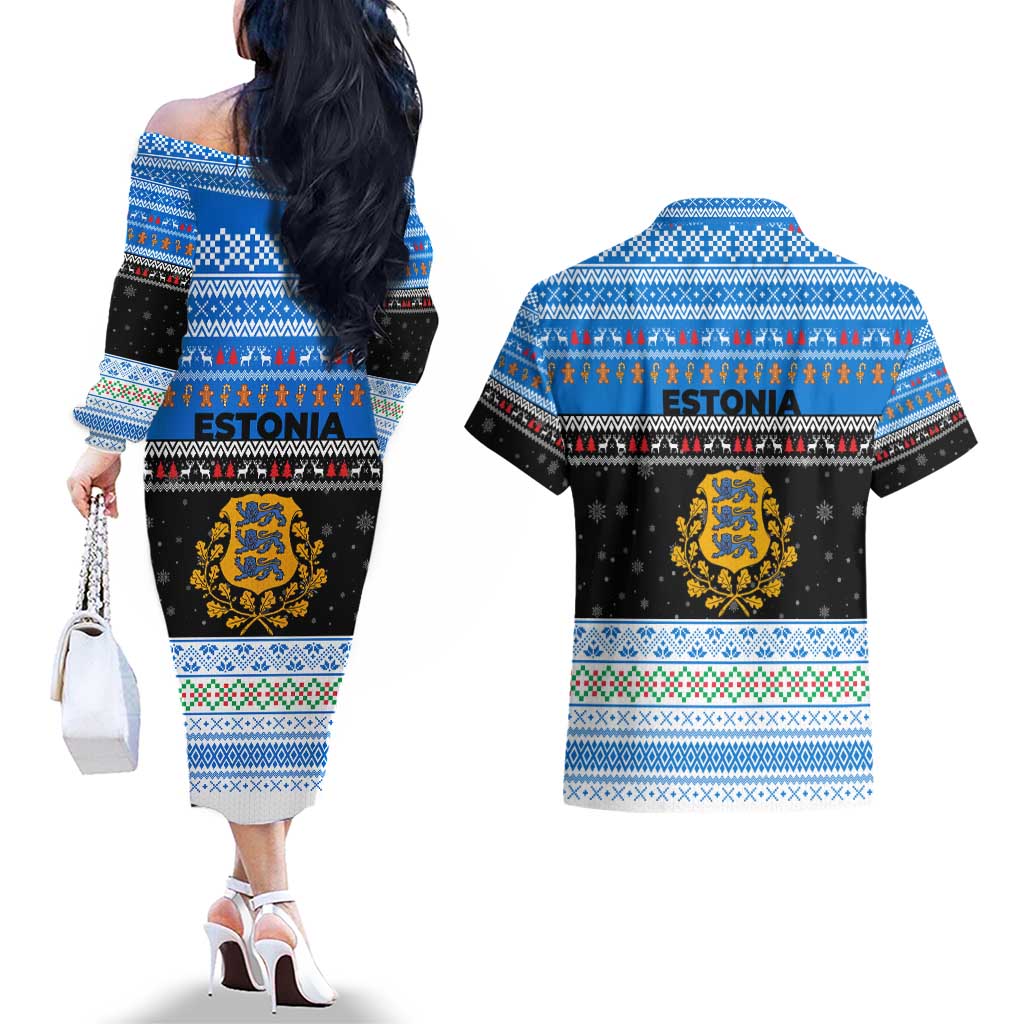 Estonia Christmas Couples Matching Off The Shoulder Long Sleeve Dress and Hawaiian Shirt with Reindeer Gingerbread Snowflakes National Emblem and Winter Forest - Wonder Print Shop