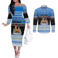 Estonia Christmas Couples Matching Off The Shoulder Long Sleeve Dress and Long Sleeve Button Shirt with Reindeer Gingerbread Snowflakes National Emblem and Winter Forest - Wonder Print Shop