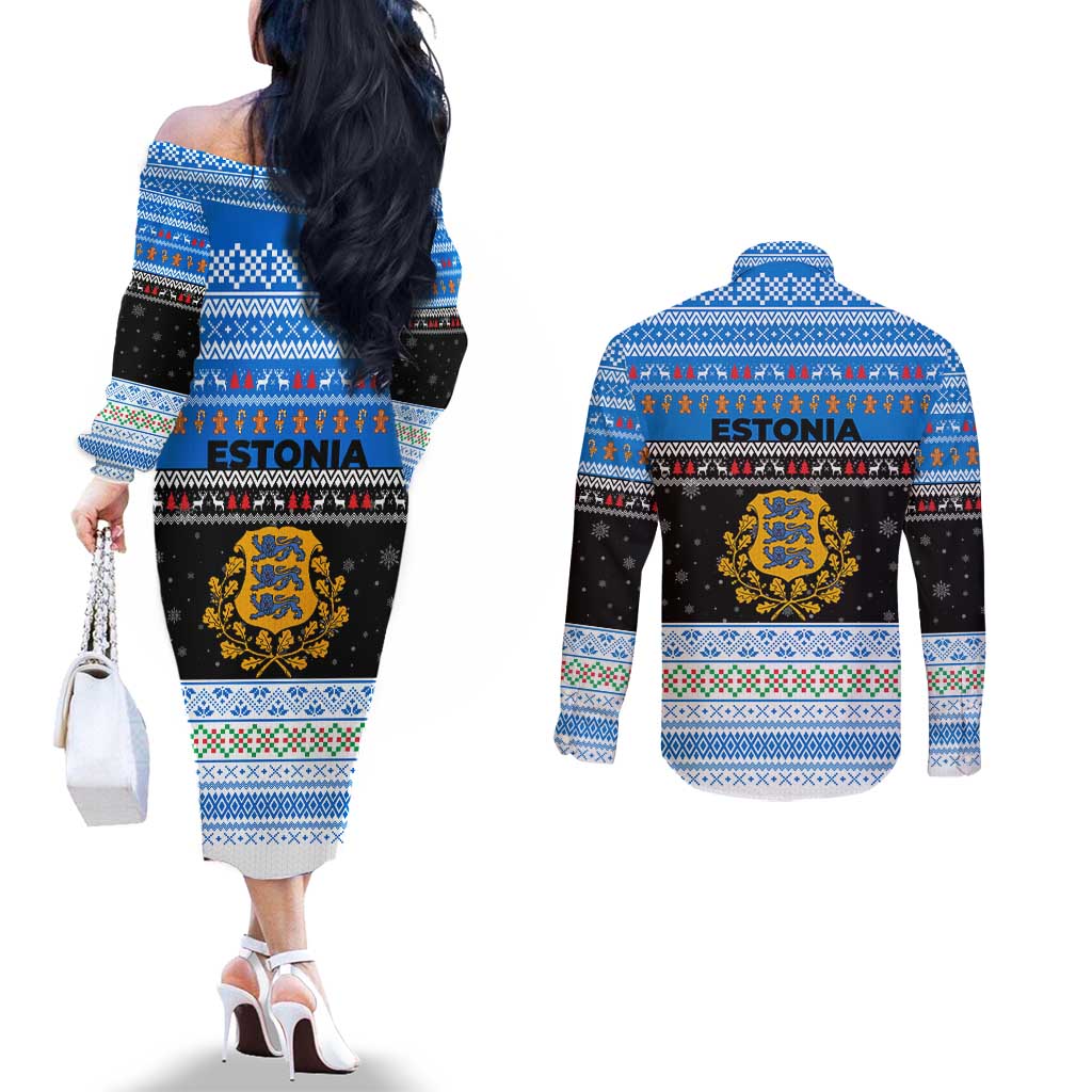 Estonia Christmas Couples Matching Off The Shoulder Long Sleeve Dress and Long Sleeve Button Shirt with Reindeer Gingerbread Snowflakes National Emblem and Winter Forest - Wonder Print Shop