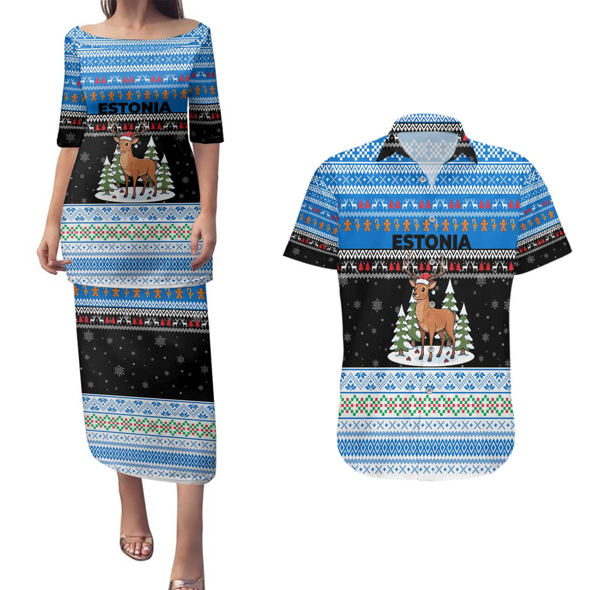 Estonia Christmas Couples Matching Puletasi and Hawaiian Shirt with Reindeer Gingerbread Snowflakes National Emblem and Winter Forest - Wonder Print Shop