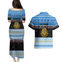 Estonia Christmas Couples Matching Puletasi and Hawaiian Shirt with Reindeer Gingerbread Snowflakes National Emblem and Winter Forest - Wonder Print Shop