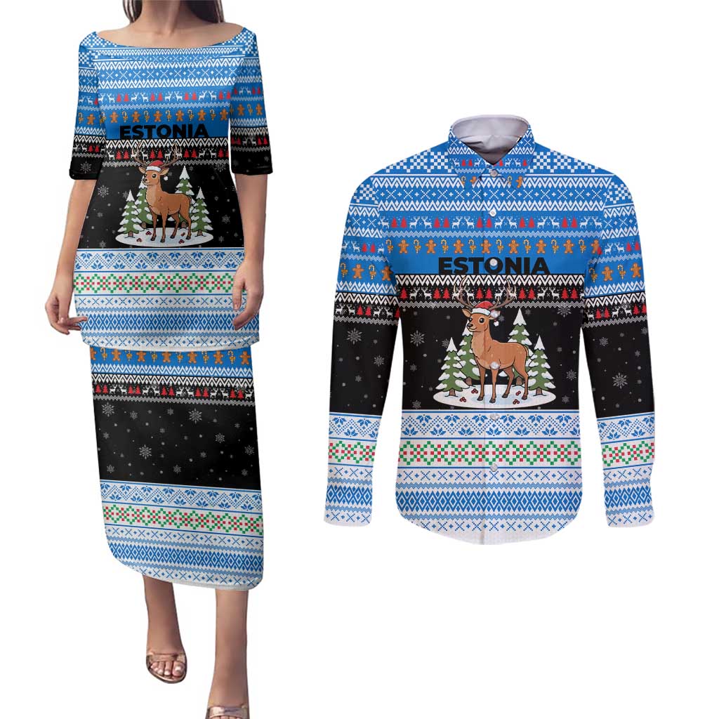 Estonia Christmas Couples Matching Puletasi and Long Sleeve Button Shirt with Reindeer Gingerbread Snowflakes National Emblem and Winter Forest - Wonder Print Shop