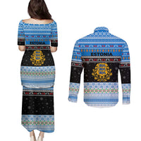 Estonia Christmas Couples Matching Puletasi and Long Sleeve Button Shirt with Reindeer Gingerbread Snowflakes National Emblem and Winter Forest - Wonder Print Shop