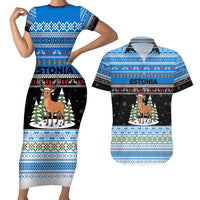 Estonia Christmas Couples Matching Short Sleeve Bodycon Dress and Hawaiian Shirt with Reindeer Gingerbread Snowflakes National Emblem and Winter Forest - Wonder Print Shop