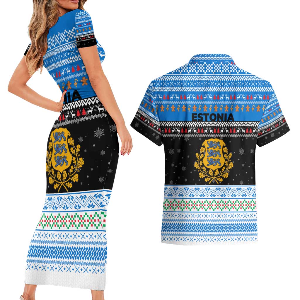 Estonia Christmas Couples Matching Short Sleeve Bodycon Dress and Hawaiian Shirt with Reindeer Gingerbread Snowflakes National Emblem and Winter Forest - Wonder Print Shop