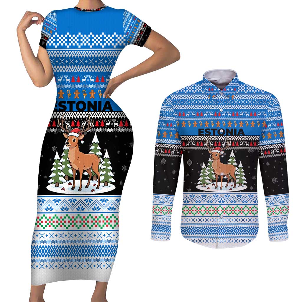 Estonia Christmas Couples Matching Short Sleeve Bodycon Dress and Long Sleeve Button Shirt with Reindeer Gingerbread Snowflakes National Emblem and Winter Forest - Wonder Print Shop