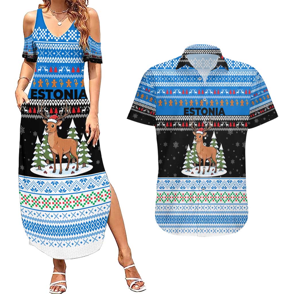 Estonia Christmas Couples Matching Summer Maxi Dress and Hawaiian Shirt with Reindeer Gingerbread Snowflakes National Emblem and Winter Forest - Wonder Print Shop