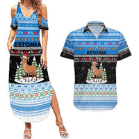 Estonia Christmas Couples Matching Summer Maxi Dress and Hawaiian Shirt with Reindeer Gingerbread Snowflakes National Emblem and Winter Forest - Wonder Print Shop
