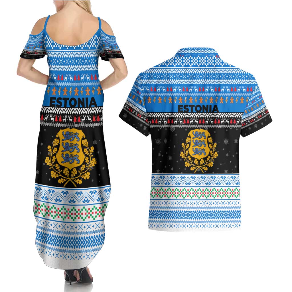 Estonia Christmas Couples Matching Summer Maxi Dress and Hawaiian Shirt with Reindeer Gingerbread Snowflakes National Emblem and Winter Forest - Wonder Print Shop