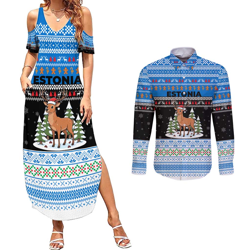 Estonia Christmas Couples Matching Summer Maxi Dress and Long Sleeve Button Shirt with Reindeer Gingerbread Snowflakes National Emblem and Winter Forest - Wonder Print Shop