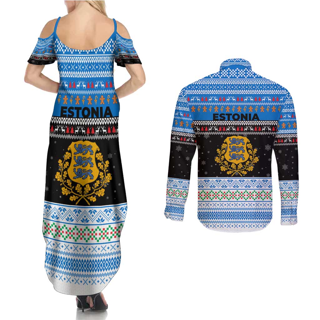 Estonia Christmas Couples Matching Summer Maxi Dress and Long Sleeve Button Shirt with Reindeer Gingerbread Snowflakes National Emblem and Winter Forest - Wonder Print Shop