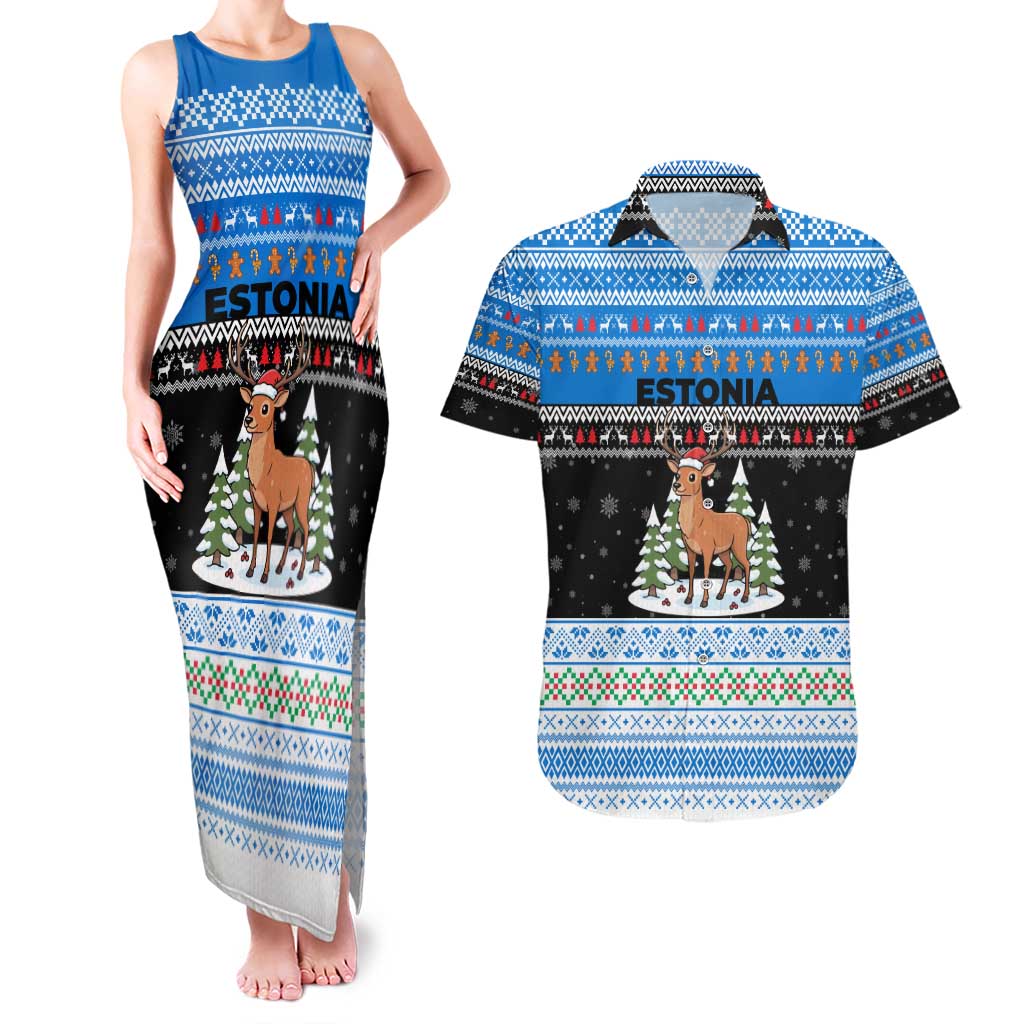 Estonia Christmas Couples Matching Tank Maxi Dress and Hawaiian Shirt with Reindeer Gingerbread Snowflakes National Emblem and Winter Forest - Wonder Print Shop