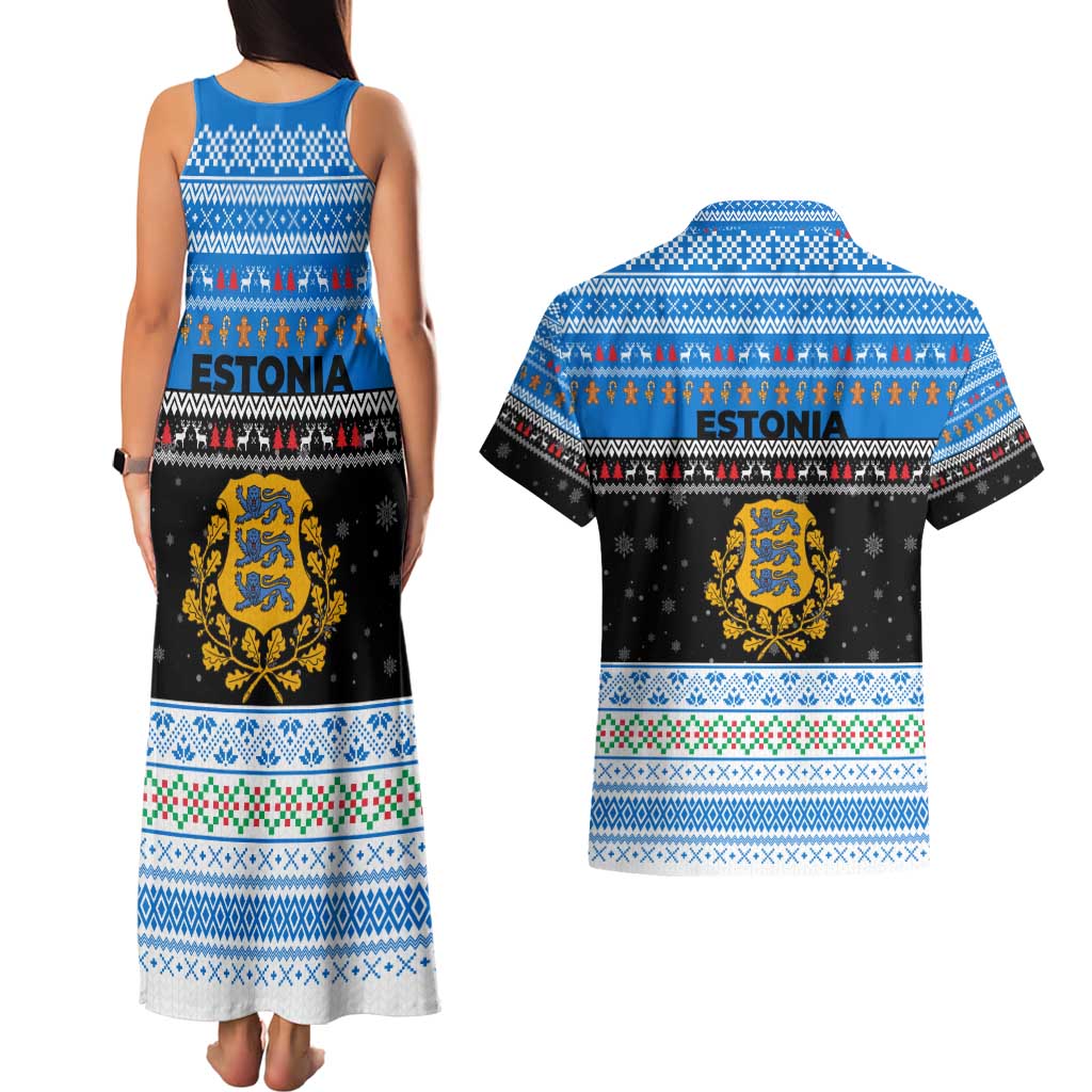 Estonia Christmas Couples Matching Tank Maxi Dress and Hawaiian Shirt with Reindeer Gingerbread Snowflakes National Emblem and Winter Forest - Wonder Print Shop