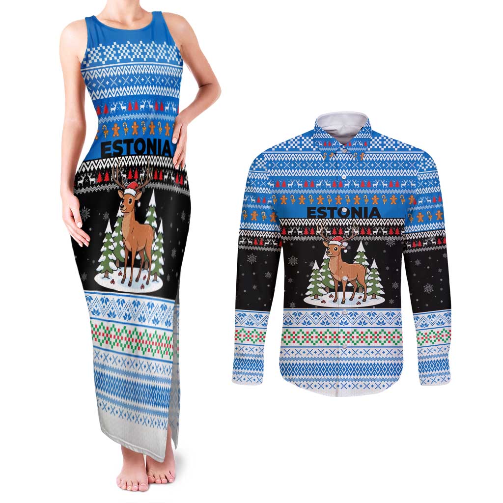 Estonia Christmas Couples Matching Tank Maxi Dress and Long Sleeve Button Shirt with Reindeer Gingerbread Snowflakes National Emblem and Winter Forest - Wonder Print Shop