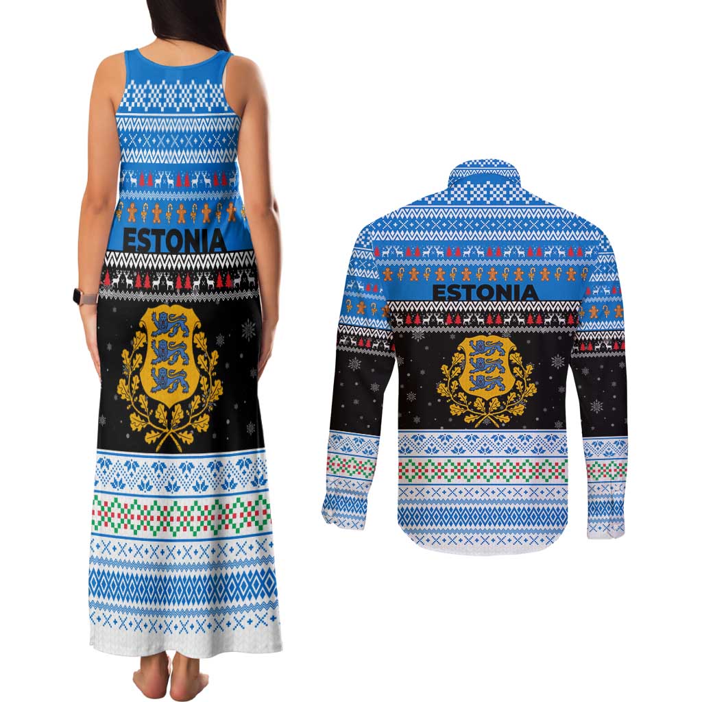 Estonia Christmas Couples Matching Tank Maxi Dress and Long Sleeve Button Shirt with Reindeer Gingerbread Snowflakes National Emblem and Winter Forest - Wonder Print Shop
