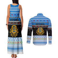 Estonia Christmas Couples Matching Tank Maxi Dress and Long Sleeve Button Shirt with Reindeer Gingerbread Snowflakes National Emblem and Winter Forest - Wonder Print Shop