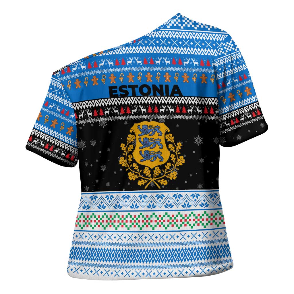 Estonia Christmas Cross Shoulder Shirt with Reindeer Gingerbread Snowflakes National Emblem and Winter Forest - Wonder Print Shop